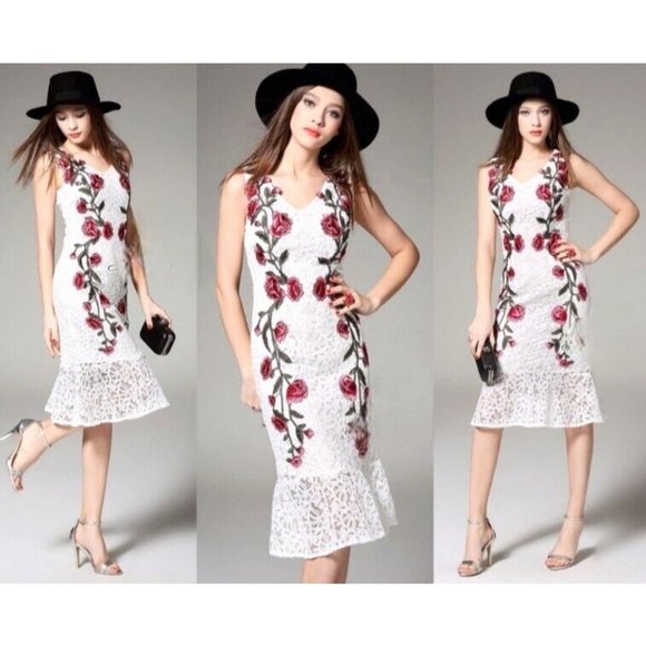 Lavida Dresses & Skirts - vintage lace floral dress Embroidered white Sz 12 frill fishtail KOREAN cocktail